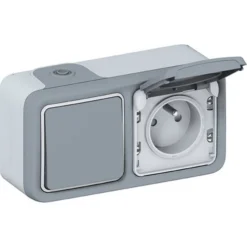 Interrupteur Va-et-vient Et Prise Avec Terre étanche Plexo, LEGRAND, Gris